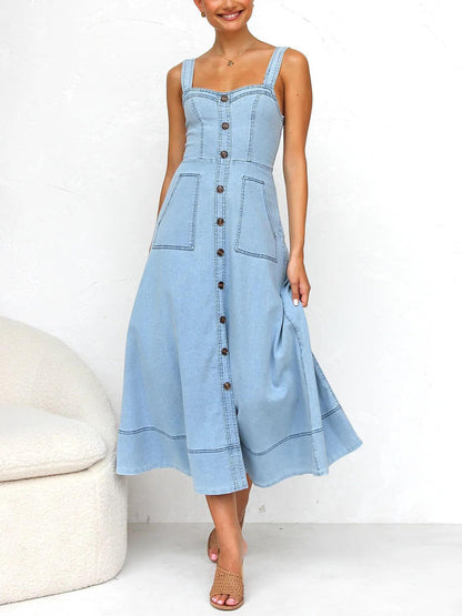 LB | Denim Suspender Casual Button Midi Dress