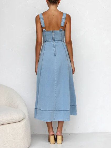 LB | Denim Suspender Casual Button Midi Dress