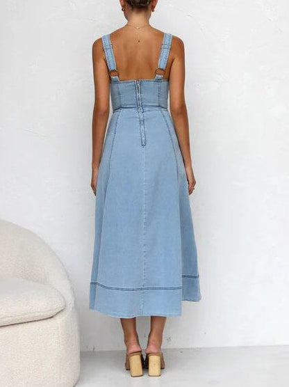 LB | Denim Suspender Casual Button Midi Dress
