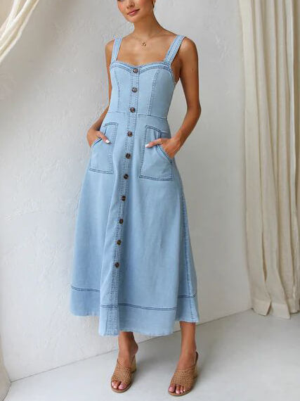 LB | Denim Suspender Casual Button Midi Dress