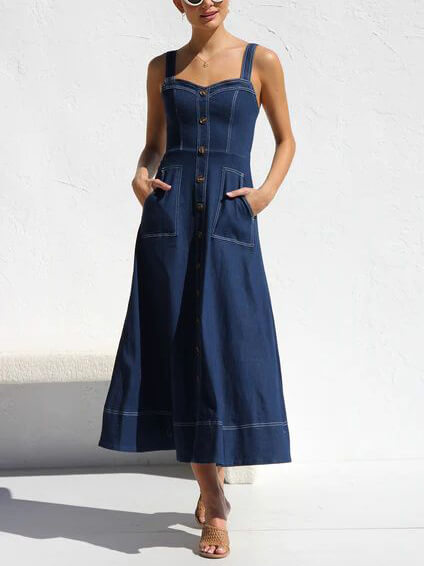 LB | Denim Suspender Casual Button Midi Dress