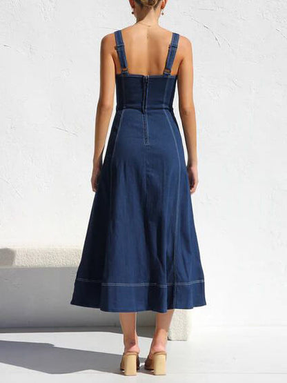 LB | Denim Suspender Casual Button Midi Dress