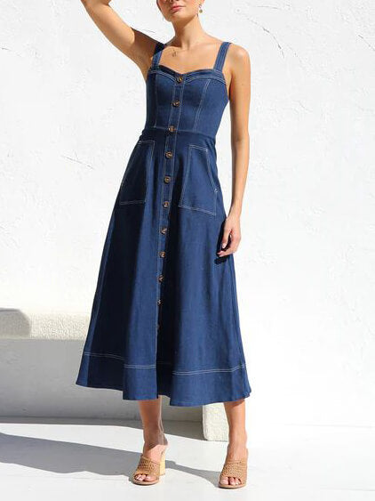 LB | Denim Suspender Casual Button Midi Dress