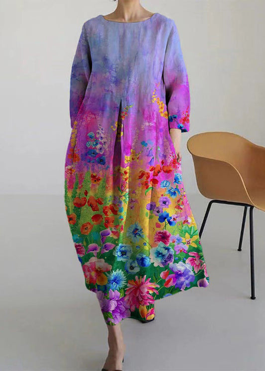 LB | Italian Purple O-Neck Print Pockets Party Maxi Dress Bracelet Sleeves