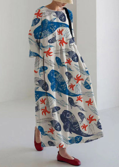 LB | Italian Purple O-Neck Print Pockets Party Maxi Dress Bracelet Sleeves