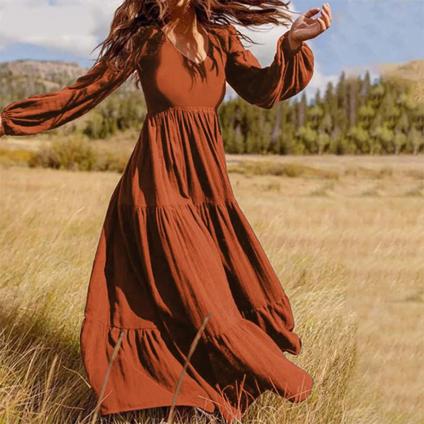 LB | 2024 Plus Size Solid Colour V-Neck A-Line Boho Maxi Dress w jednolitym kolorze