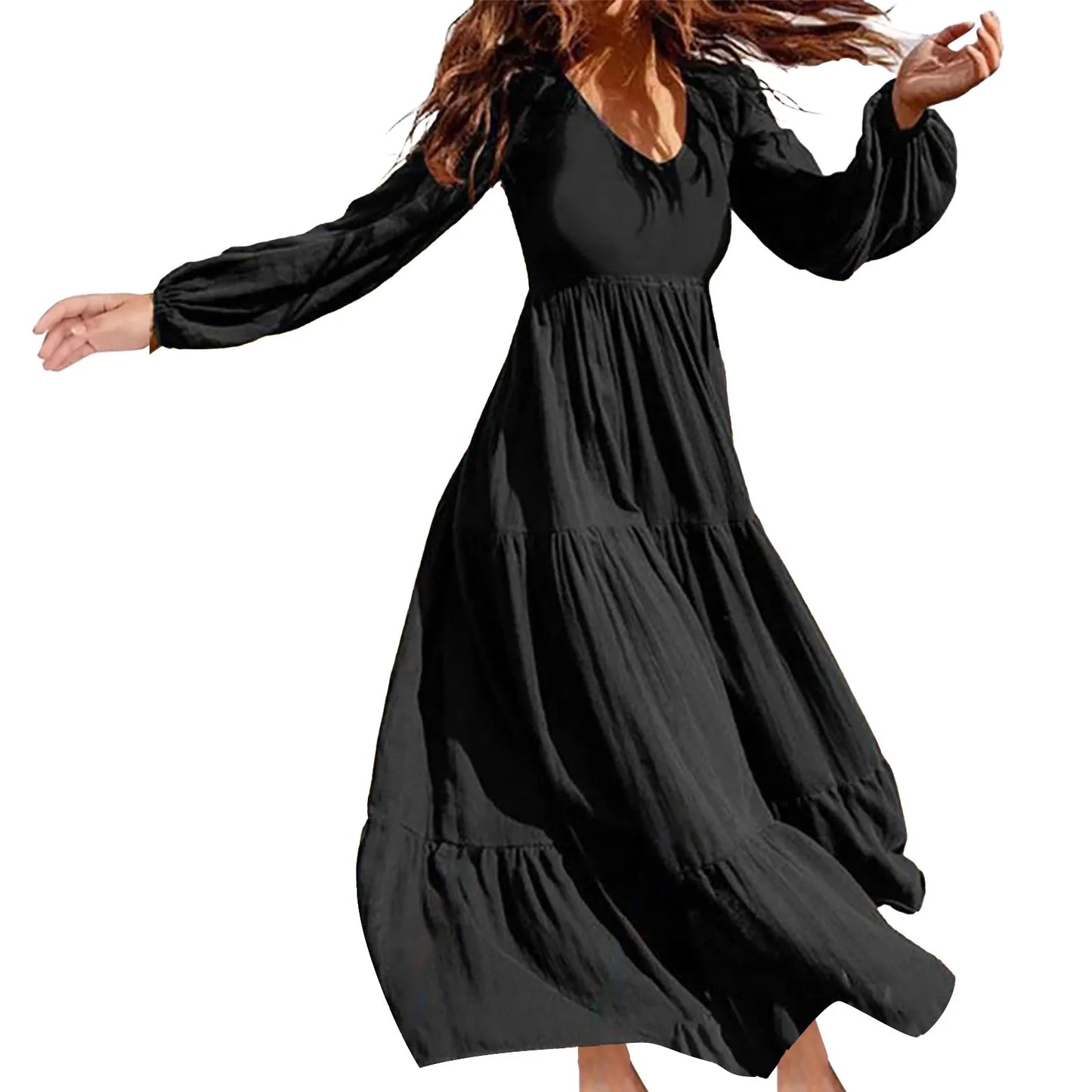 LB | 2024 Plus Size Solid Colour V-Neck A-Line Boho Maxi Dress w jednolitym kolorze