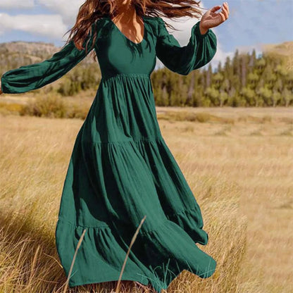LB | 2024 Plus Size Solid Colour V-Neck A-Line Boho Maxi Dress w jednolitym kolorze
