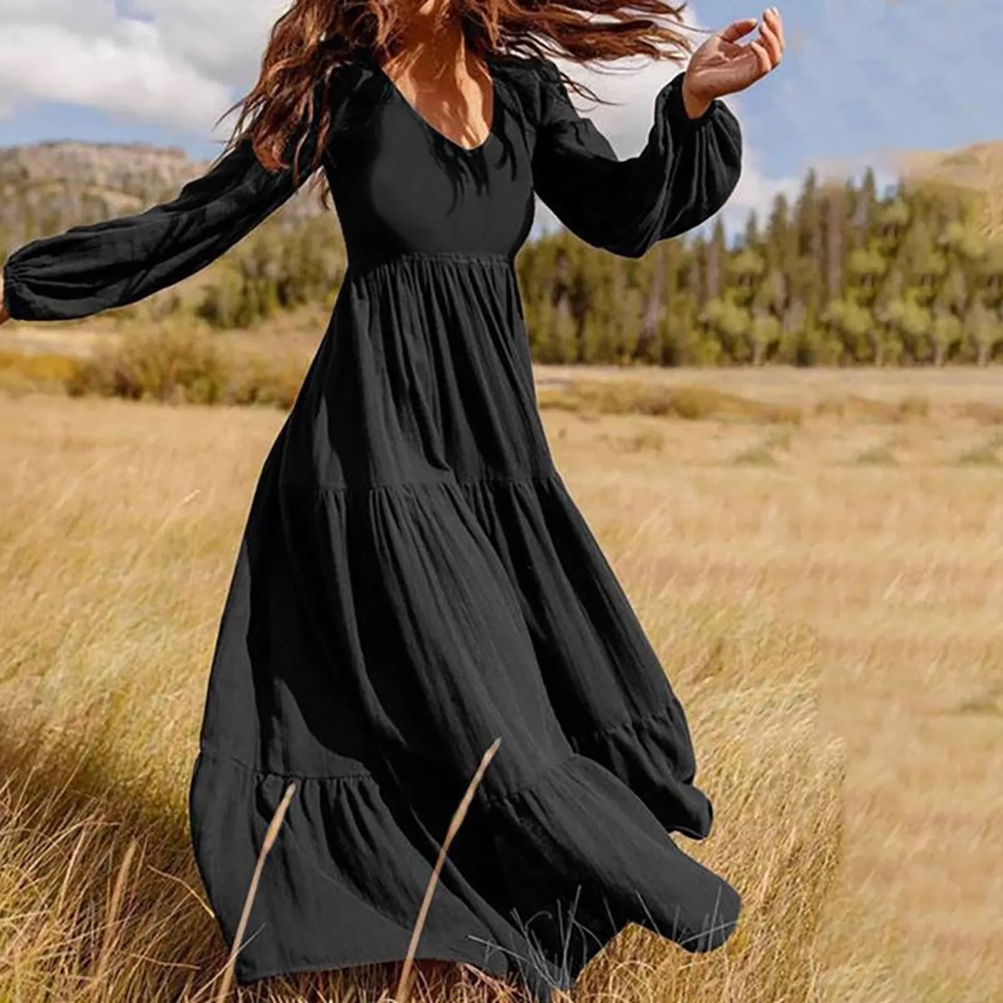 LB | 2024 Plus Size Solid Colour V-Neck A-Line Boho Maxi Dress w jednolitym kolorze