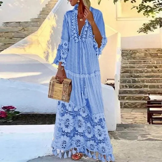 AS | Długa sukienka boho z koronką i pomponami