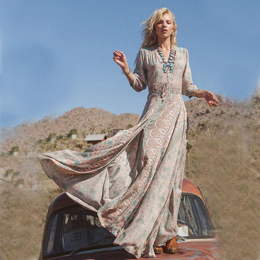 LB | Damska sukienka maxi - Styl boho - Mieszanka bawełny - Dekolt w szpic - Zapięcie na guziki - Rękawy 3/4