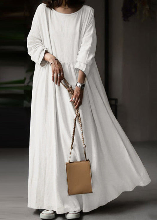 LB | White O Neck Solid BauMW | Full Maxi Dress Long Sleeve FF053