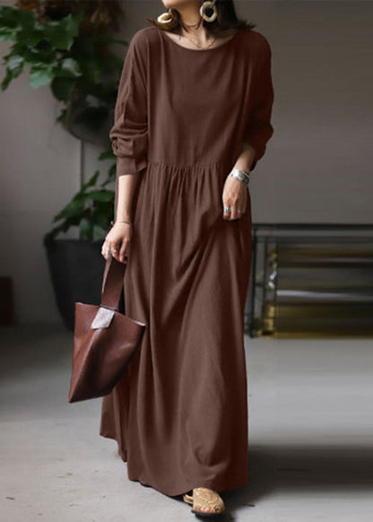 LB | White O Neck Solid BauMW | Full Maxi Dress Long Sleeve FF053