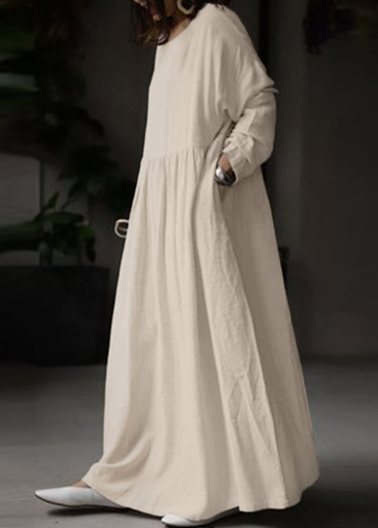 LB | White O Neck Solid BauMW | Full Maxi Dress Long Sleeve FF053
