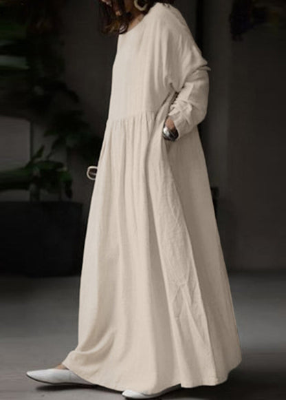 LB | White O Neck Solid BauMW | Full Maxi Dress Long Sleeve FF053