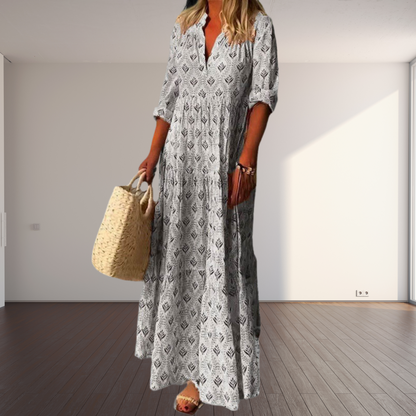 LB | Zwiewna bawełniana sukienka maxi dla kobiet z dekoltem w kształcie litery V - styl vintage na letnie okazje i elegancka sylwetka