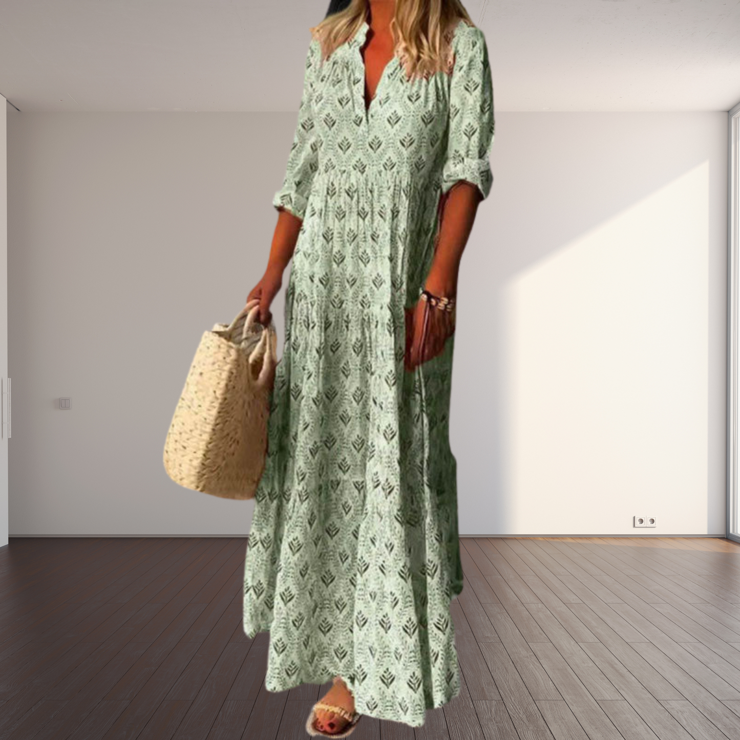 LB | Zwiewna bawełniana sukienka maxi dla kobiet z dekoltem w kształcie litery V - styl vintage na letnie okazje i elegancka sylwetka