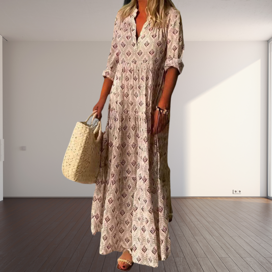 LB | Zwiewna bawełniana sukienka maxi dla kobiet z dekoltem w kształcie litery V - styl vintage na letnie okazje i elegancka sylwetka