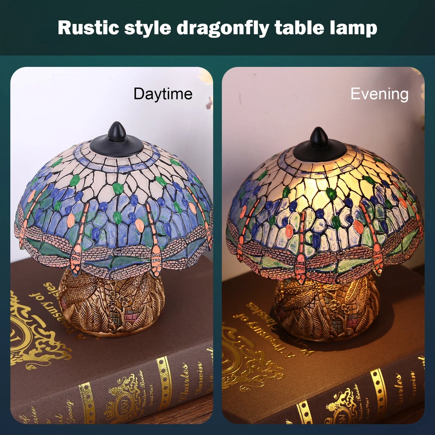 LuxeVintage - Lampa witrażowa w kształcie ważki