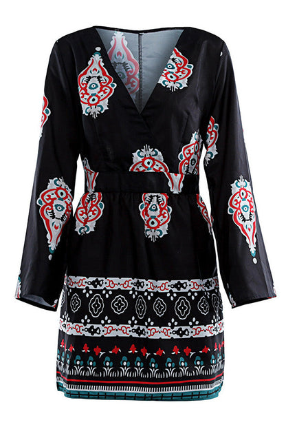 LB | Sukienka mini boho czarny nadruk z długim rękawem