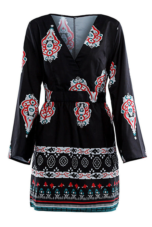 LB | Sukienka mini boho czarny nadruk z długim rękawem