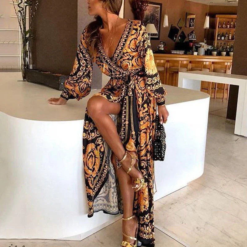LB | 2024 Party Beach Summer Boho Kwiatowa sukienka maxi z rozcięciem z przodu