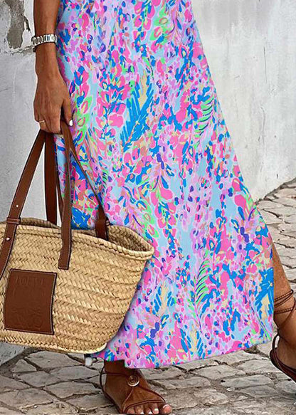 LB | New Purple Print Side Open Cotton Maxi Dress Sleeveless