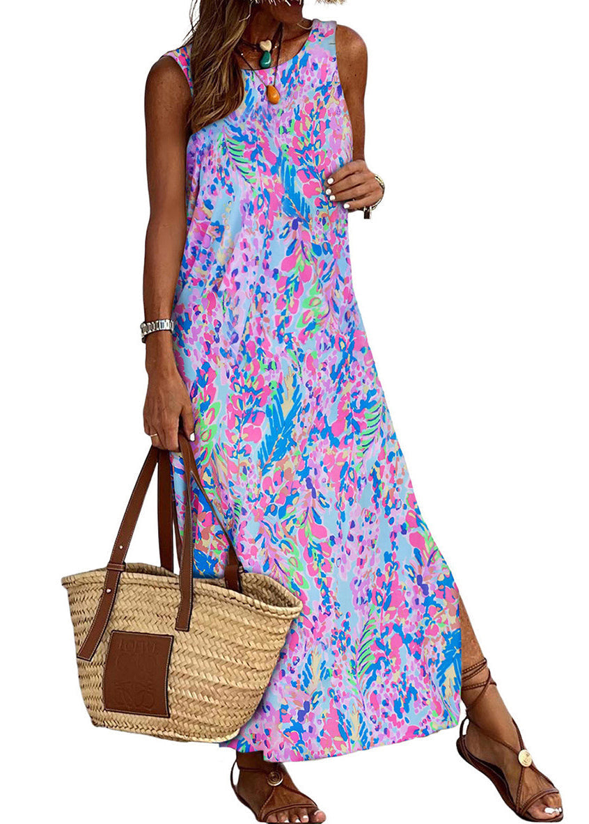 LB | New Purple Print Side Open Cotton Maxi Dress Sleeveless