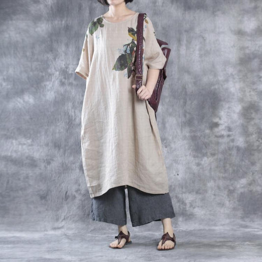 LB | Nude Lniana sukienka maxi Plus Size Lniane sukienki Kwiatowe kaftany