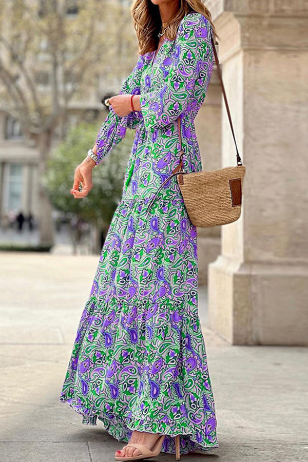 LB | Boho Paisley V-Neck Sukienka Maxi z długim rękawem