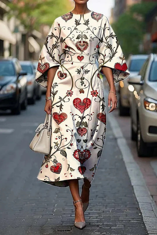 LB | Damska sukienka midi - linia A - rękawy kimono - kwiatowy nadruk