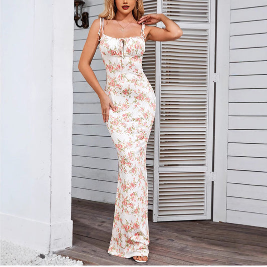 LB | Damska sukienka maxi - Slim fit - Ramiączka spaghetti - Odkryte plecy - Kwiatowy wzór