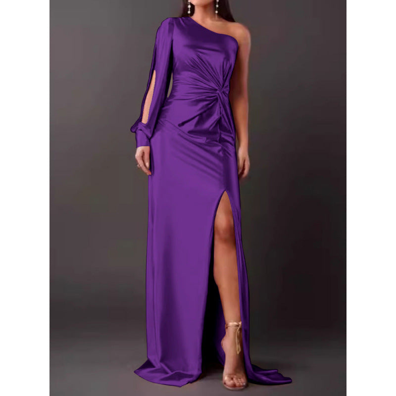 LB | Sukienka maxi - Slim fit - Na jedno ramię - Luksusowy materiał - Wysokie rozcięcie