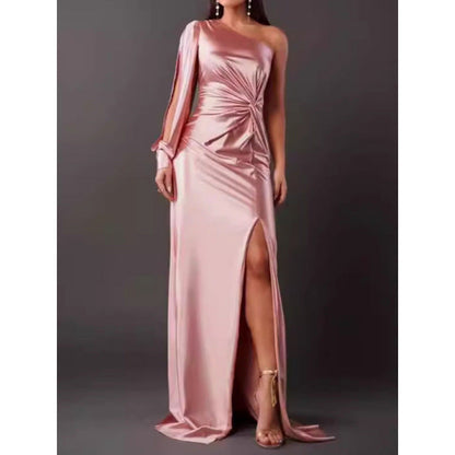 LB | Sukienka maxi - Slim fit - Na jedno ramię - Luksusowy materiał - Wysokie rozcięcie