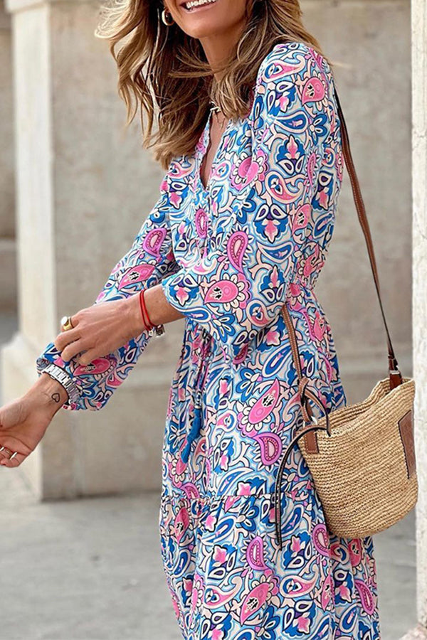 LB | Boho Paisley V-Neck Sukienka Maxi z długim rękawem