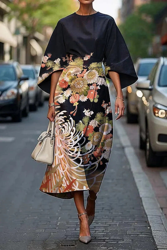 LB | Damska sukienka midi - linia A - rękawy kimono - kwiatowy nadruk