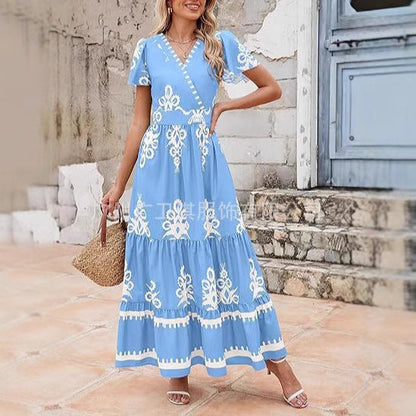 LB | Damska sukienka maxi - krój w stylu boho - kwiatowy nadruk - dekolt w szpic - krótkie rękawy