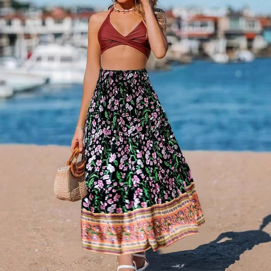 LB | Damska sukienka maxi - bandeau bez ramiączek - zwiewny krój - bawełniany nadruk w stylu boho