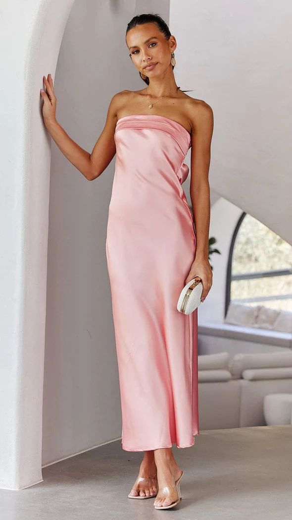 LB | Damska sukienka maxi - satynowa bez ramiączek - slim fit - wizytowa sukienka wieczorowa