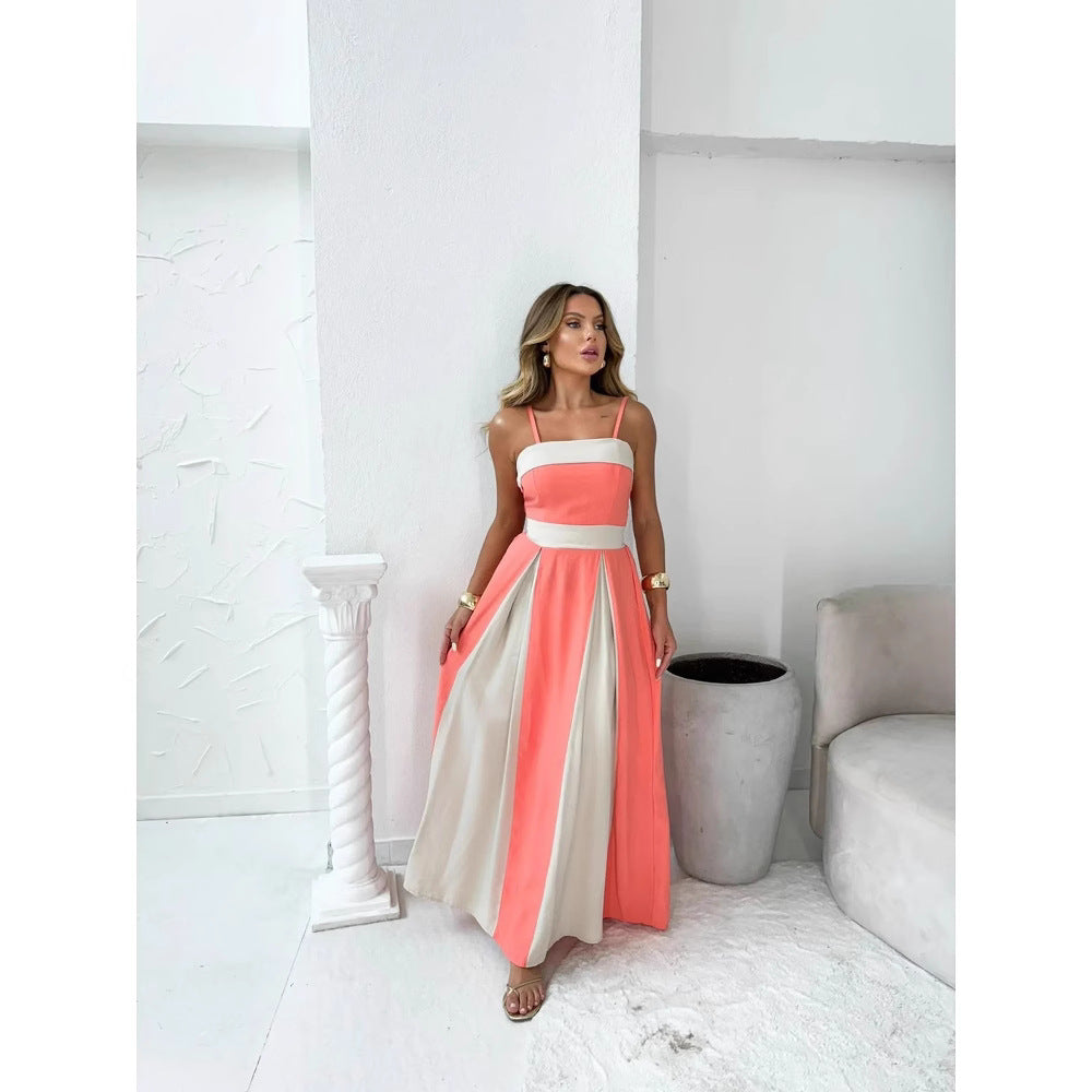 LB | Damska sukienka maxi - Satynowa - Paski - Wysoka talia - Elegancki formalny krój