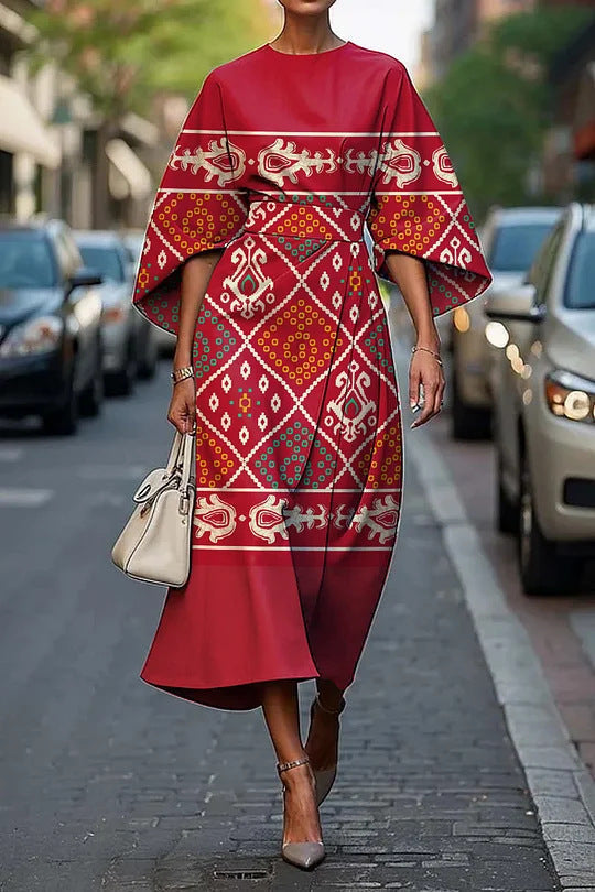 LB | Damska sukienka midi - linia A - rękawy kimono - kwiatowy nadruk