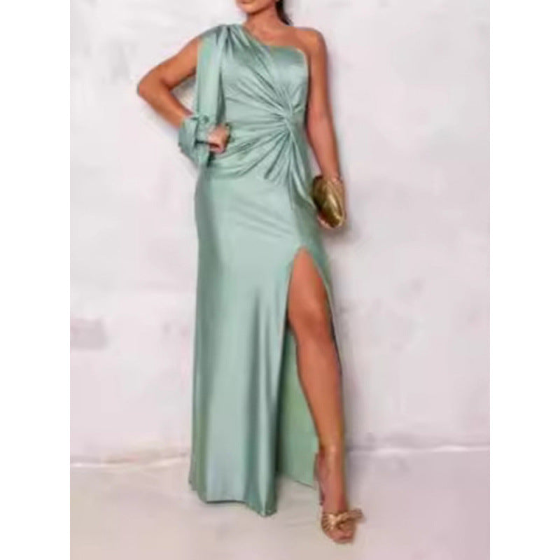 LB | Sukienka maxi - Slim fit - Na jedno ramię - Luksusowy materiał - Wysokie rozcięcie
