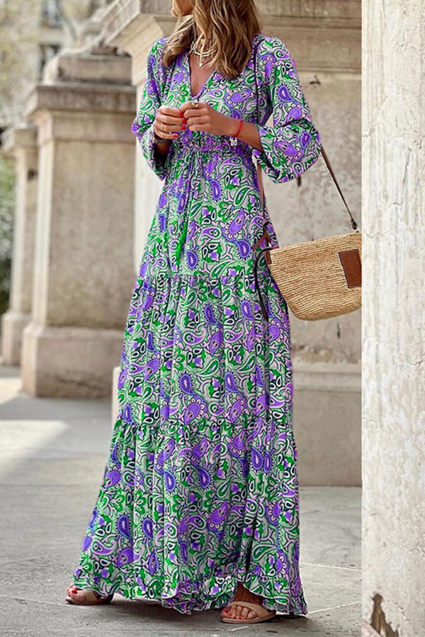 LB | Boho Paisley V-Neck Sukienka Maxi z długim rękawem