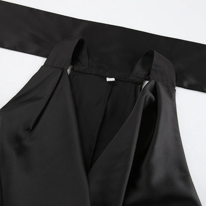 LB | Damska sukienka midi z dekoltem do połowy szyi - Satyna - Slim fit - Drapowany dekolt - Strój formalny