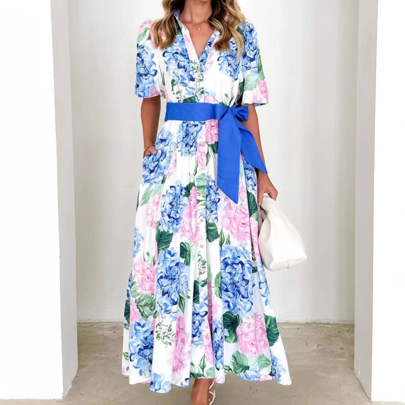 LB | Damska sukienka maxi - linia A - krótkie rękawy - kwiatowy nadruk - wiązana talia w stylu boho