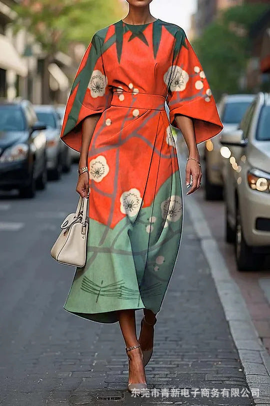 LB | Damska sukienka midi - linia A - rękawy kimono - kwiatowy nadruk