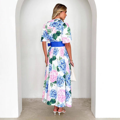 LB | Damska sukienka maxi - linia A - krótkie rękawy - kwiatowy nadruk - wiązana talia w stylu boho
