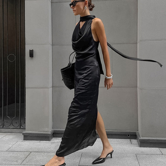 LB | Damska sukienka midi z dekoltem do połowy szyi - Satyna - Slim fit - Drapowany dekolt - Strój formalny
