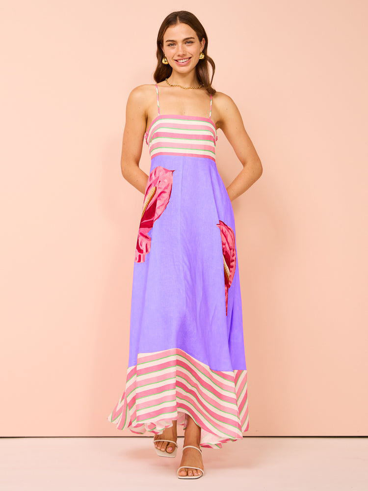 LB | Damska sukienka midi - Smocked top - Linia A - Ramiączka do spaghetti - Mieszanka bawełny