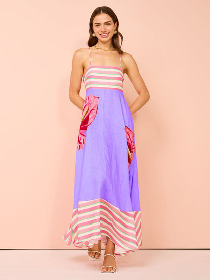 LB | Damska sukienka midi - Smocked top - Linia A - Ramiączka do spaghetti - Mieszanka bawełny